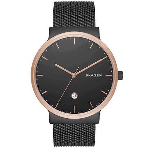 Image of Skagen Ancher IP sort stål med rosa krans quartz med tre visere herre ur, model SKW6296